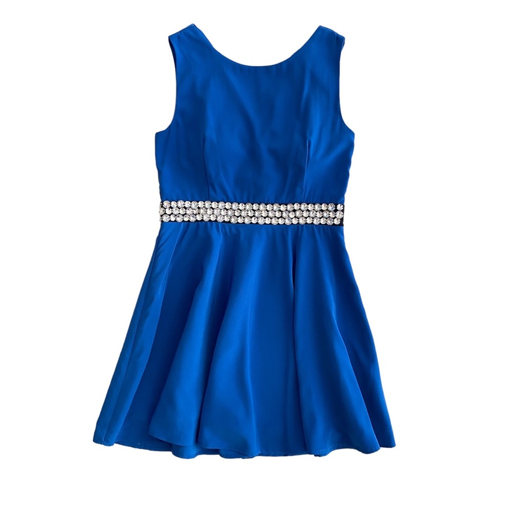 Foreign Exchange Beaded Waist Drape Back Royal Blue Sleeveless Formal Dress Sz M